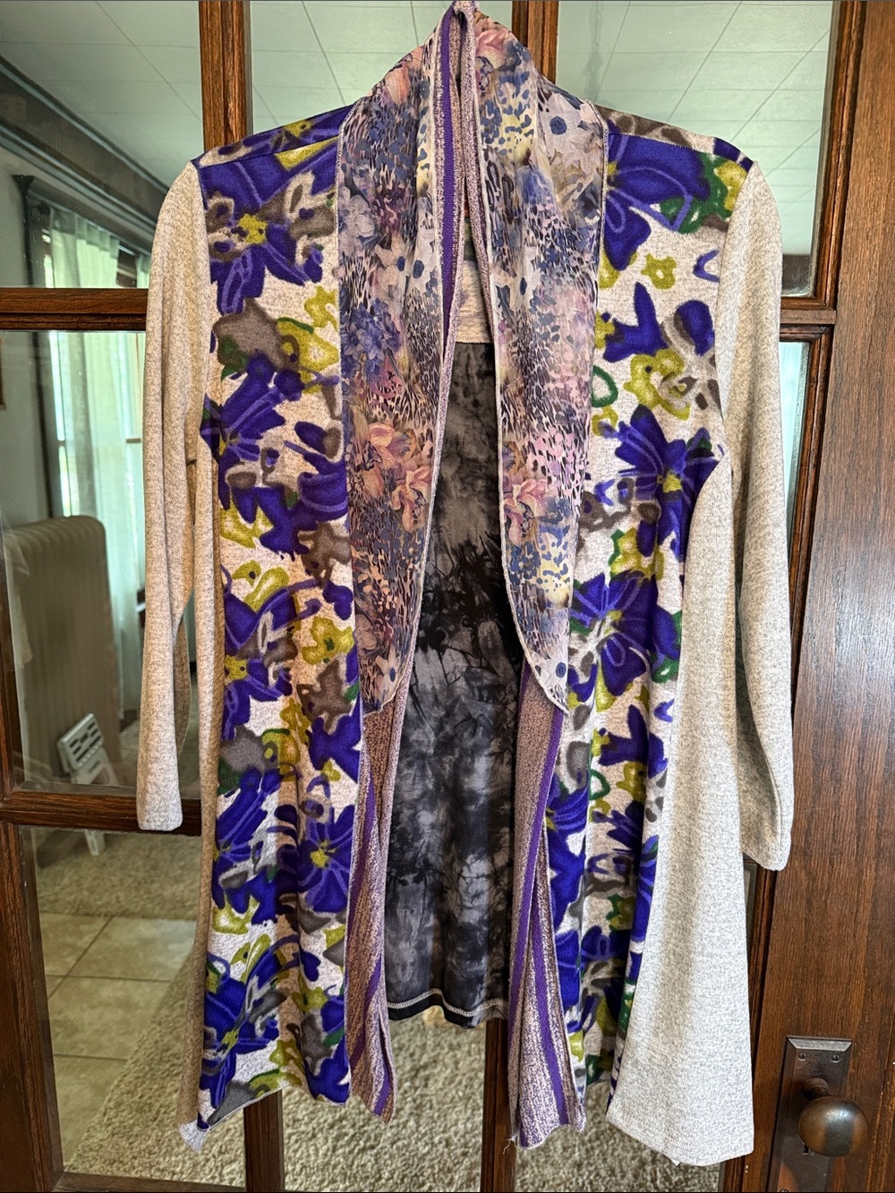 Multiples Women Mixed Media Floral Tie Dye Open Front Cardigan Purple Grey Small